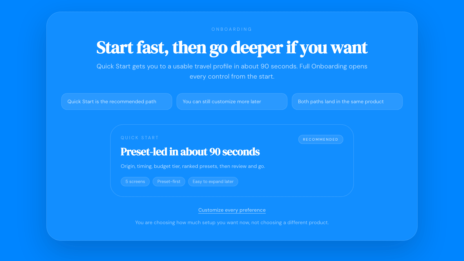 Guided onboarding flow for choosing travel preferences