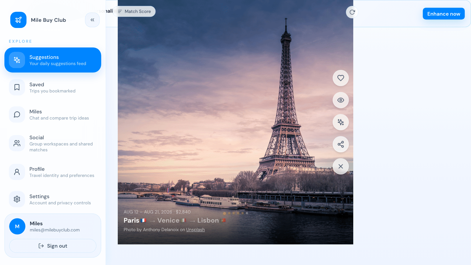 Personalized trip suggestions feed with travel cards